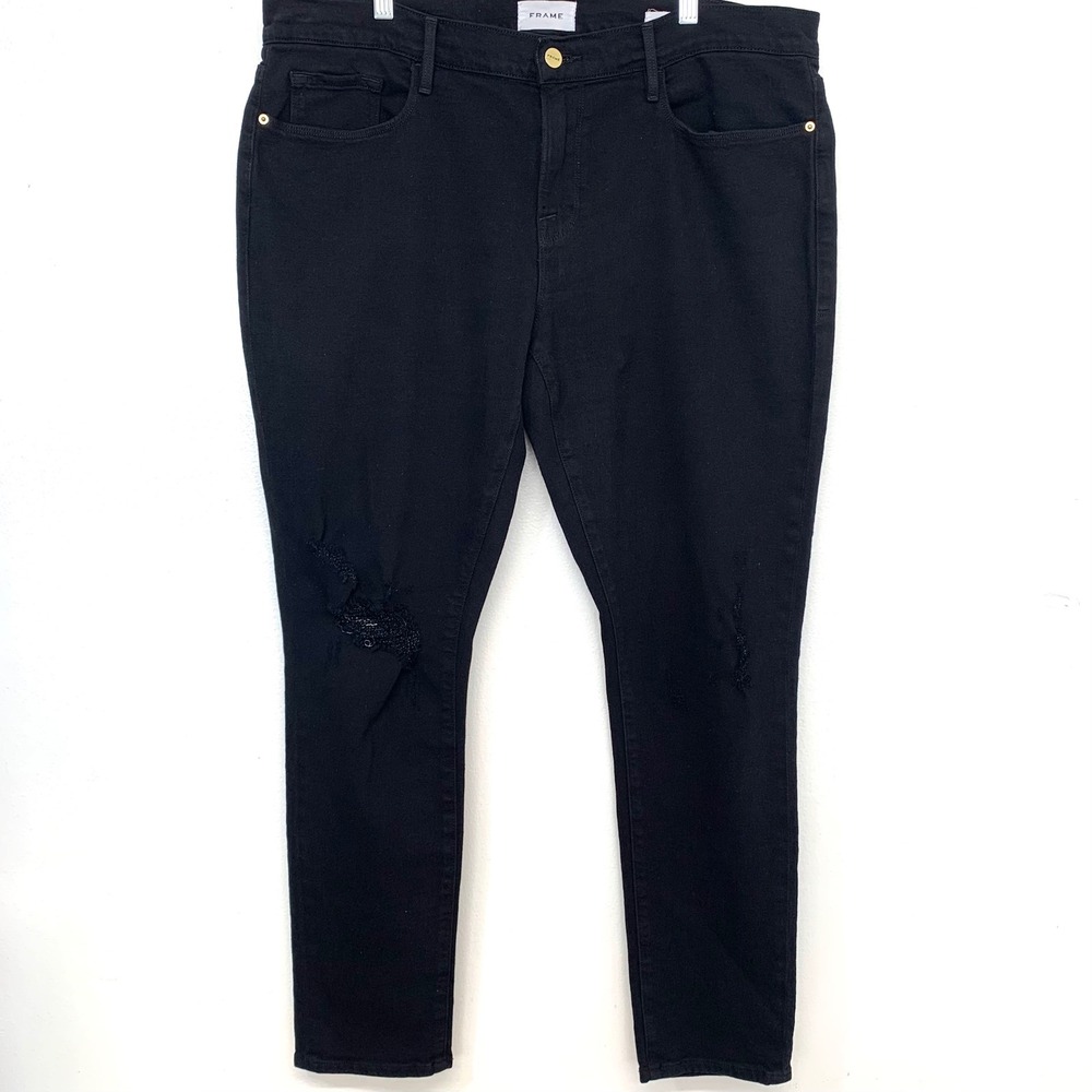FRAME Le Garcon Black Distressed Slim Boyfriend Jeans Size 32 Tapered Stretch